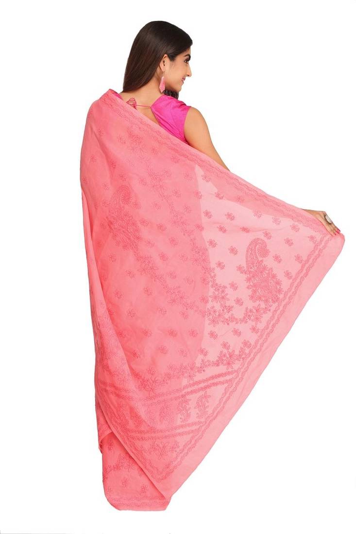 Ada Hand Embroidered Peach Cotton Lucknow Chikankari Saree With Blouse