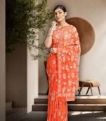 Ada Hand Embroidered Orange Faux Georgette Lucknow Chikankari Women Saree With Blouse - A250039