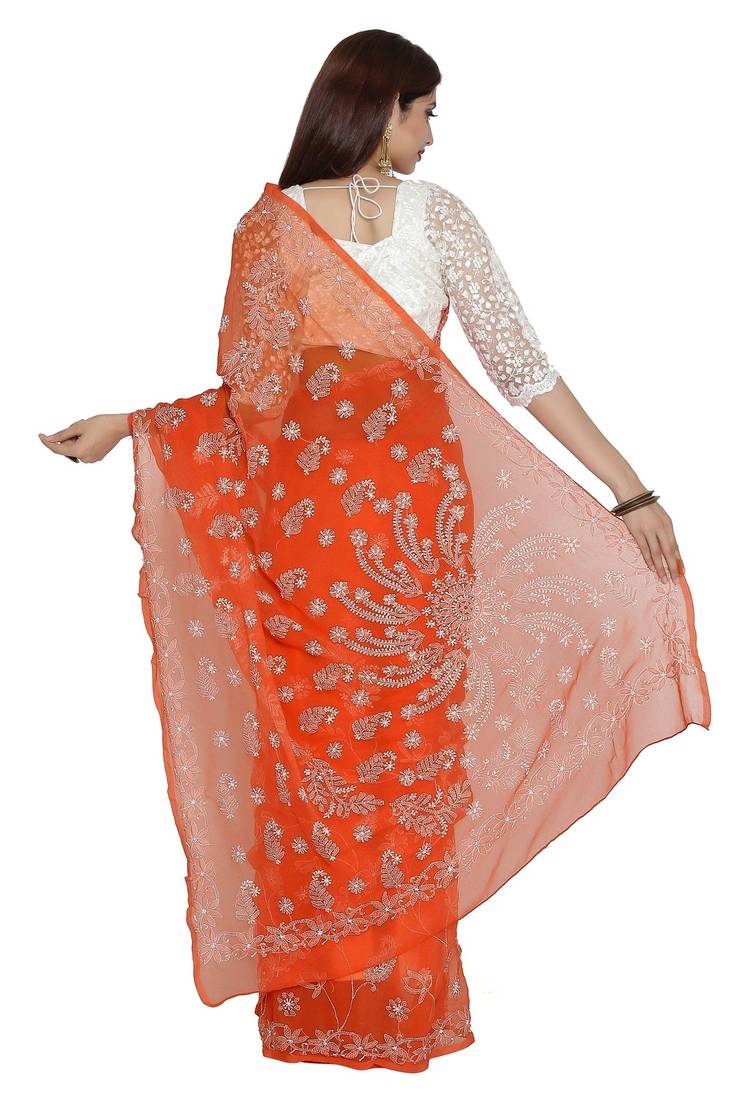 Ada Hand Embroidered Orange Faux Georgette Lucknow Chikankari Women Saree With Blouse - A250039