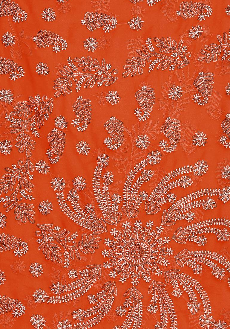 Ada Hand Embroidered Orange Faux Georgette Lucknow Chikankari Women Saree With Blouse - A250039