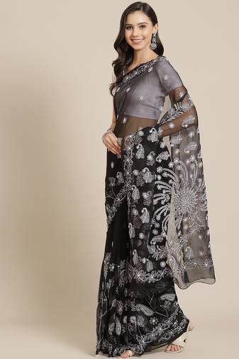 Hand Embroidered Black Faux Georgette Lucknowi Chikankari Saree With Blouse