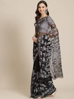 Hand Embroidered Black Faux Georgette Lucknowi Chikankari Saree With Blouse 1