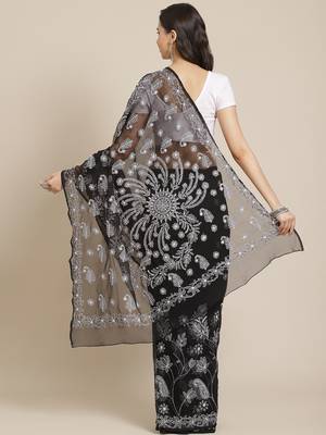 Hand Embroidered Black Faux Georgette Lucknowi Chikankari Saree With Blouse 2