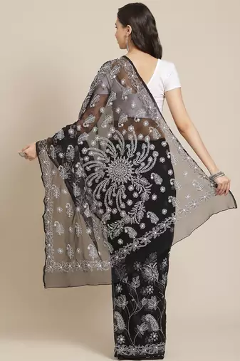 Hand Embroidered Black Faux Georgette Lucknowi Chikankari Saree With Blouse