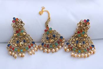  Green, Marron, Blue Aqua green yellow Multicolour stone studded maang tikka  with earrings  1