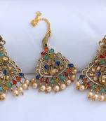  Green, Marron, Blue Aqua green yellow Multicolour stone studded maang tikka  with earrings 