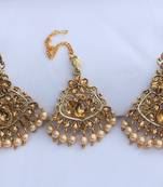  Intricately carved gold stone studded  rose gold pearls maang tikka with earrings for women