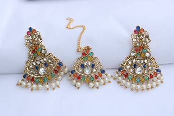 Green, Marron, Blue Aqua green yellow Multicolour stone studded earrings with maang tikka  1