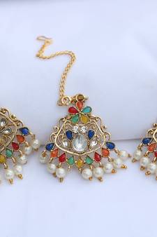Green, Marron, Blue Aqua green yellow Multicolour stone studded earrings with maang tikka 