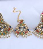 Green, Marron, Blue Aqua green yellow Multicolour stone studded earrings with maang tikka 