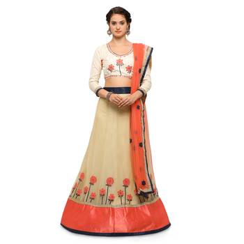 Beige Embroidered Net Semi Stitched Lehenga With Dupatta 1