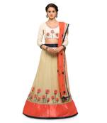 Beige Embroidered Net Semi Stitched Lehenga With Dupatta