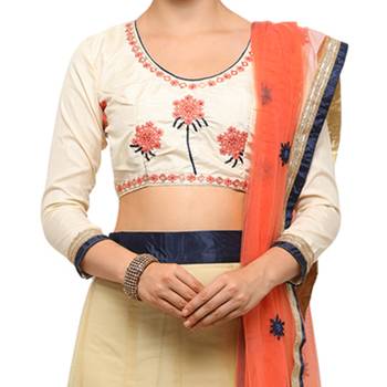 Beige Embroidered Net Semi Stitched Lehenga With Dupatta 2