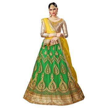 Green Embroidered Net Semi Stitched Lehenga With Dupatta 2