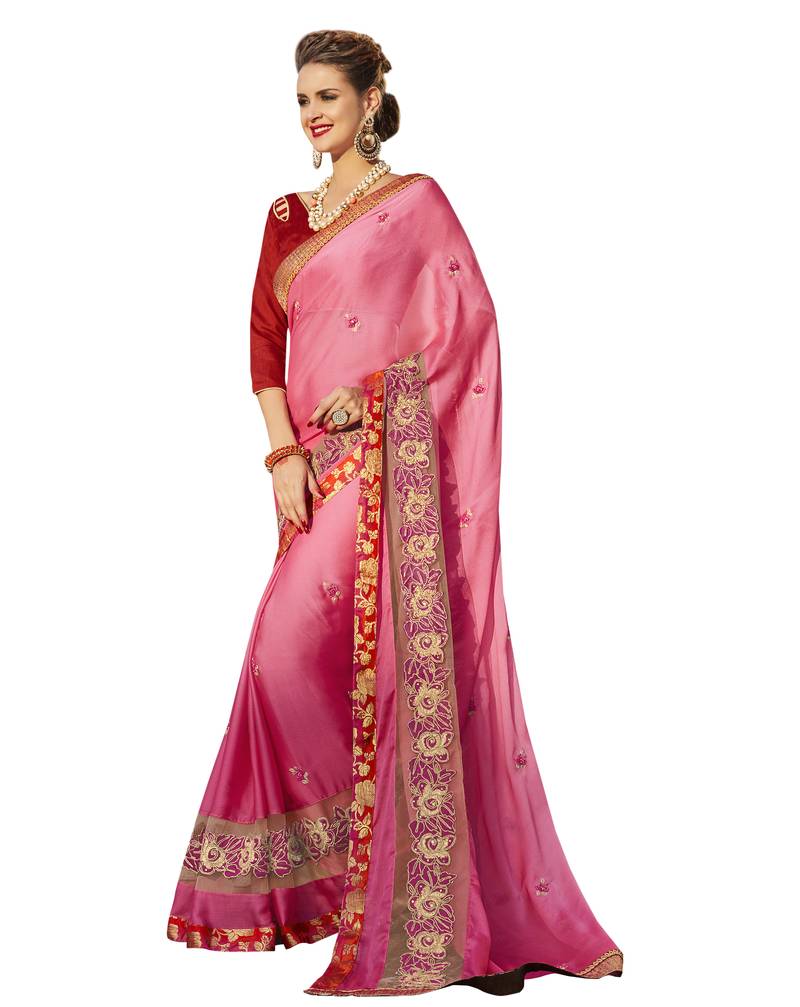 Women's Silk Blend Pink Embroidered Designer Saree With Blouse Piece