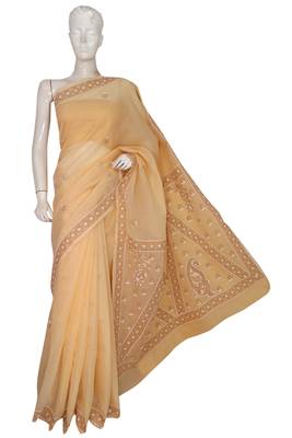 Ada Hand Embroidered Fawn Cotton Lucknow Chikankari Saree With Blouse 1