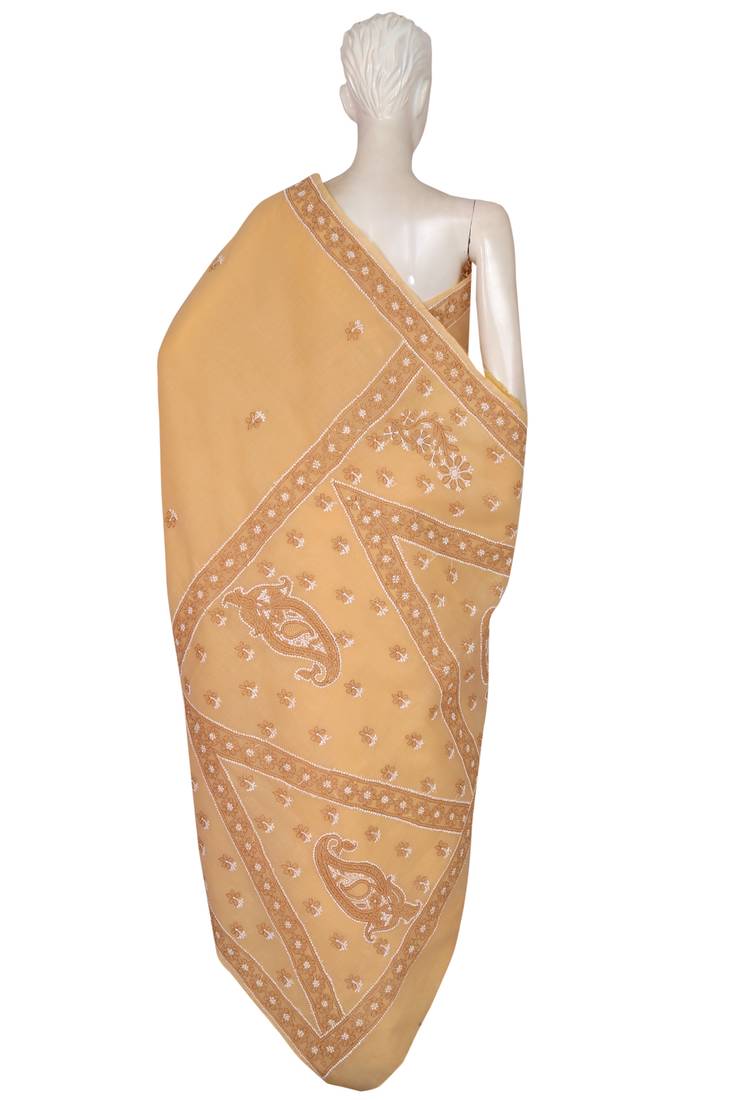 Ada Hand Embroidered Fawn Cotton Lucknow Chikankari Saree With Blouse