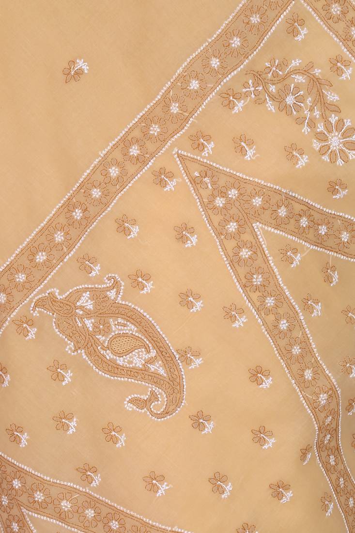 Ada Hand Embroidered Fawn Cotton Lucknow Chikankari Saree With Blouse
