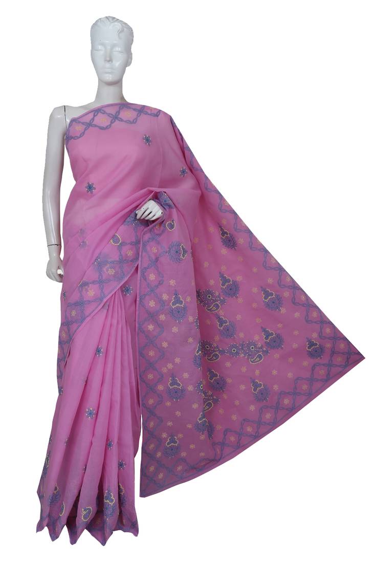 Ada Hand Embroidered Pink Cotton Lucknow Chikankari Saree With Blouse