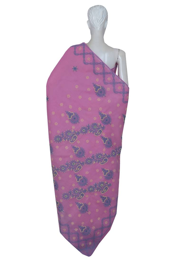 Ada Hand Embroidered Pink Cotton Lucknow Chikankari Saree With Blouse