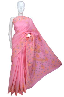 Ada Hand Embroidered Pink Cotton Lucknow Chikankari Saree With Blouse 1