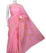 Ada Hand Embroidered Pink Cotton Lucknow Chikankari Saree With Blouse