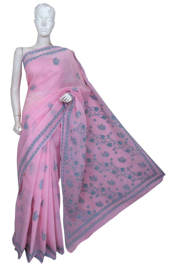 Ada Hand Embroidered Pink Cotton Lucknow Chikankari Saree With Blouse