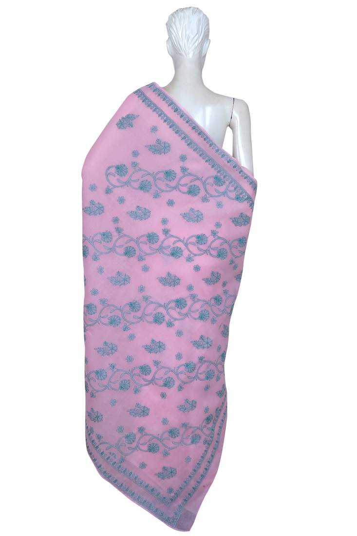 Ada Hand Embroidered Pink Cotton Lucknow Chikankari Saree With Blouse