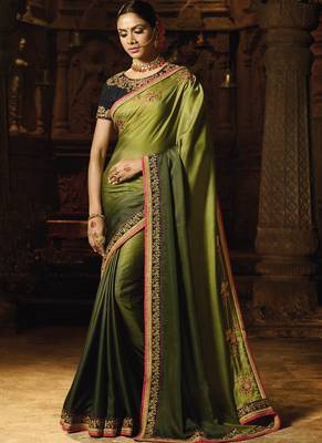 Lime Embroidered Art Silk Saree With Blouse 1