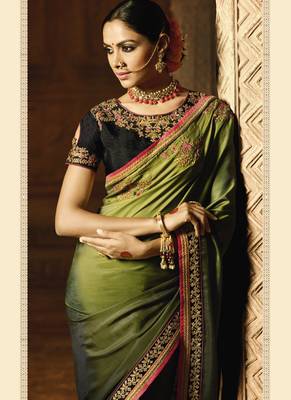 Lime Embroidered Art Silk Saree With Blouse 2