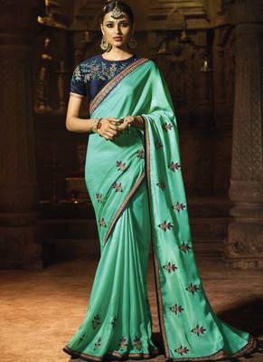 Sky Blue Embroidered Art Silk Saree With Blouse 1