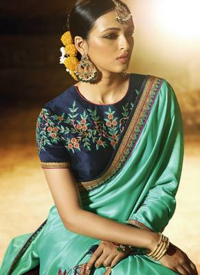 Sky Blue Embroidered Art Silk Saree With Blouse 2
