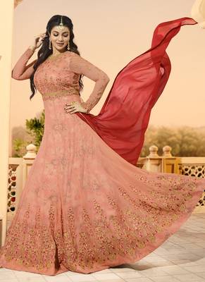 Peach Embroidered Georgette Semi Stitched Salwar With Dupatta 1