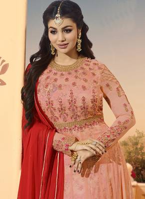 Peach Embroidered Georgette Semi Stitched Salwar With Dupatta 2