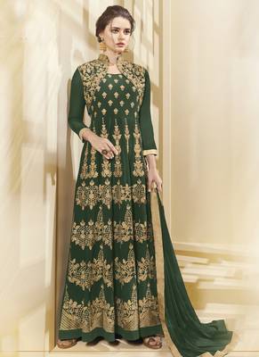 Green resham embroidery georgette semi stitched anarkali suit 1