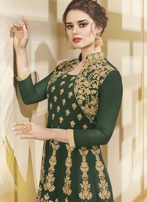 Green resham embroidery georgette semi stitched anarkali suit 2