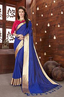 Blue plain art silk saree with blouse