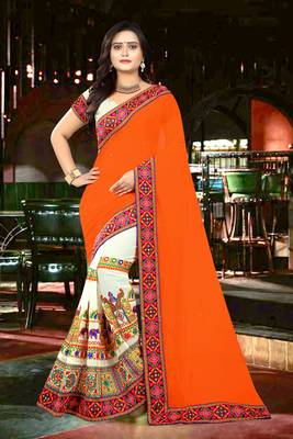 Orange Embroidered Georgette Saree With Blouse 2