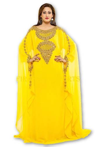 Yellow georgette embroidered islamic kaftans