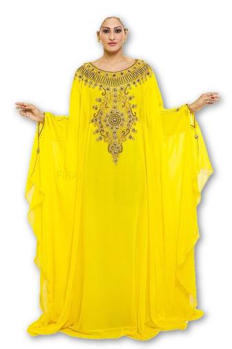 Yellow georgette embroidered islamic kaftans