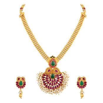 Ethnic 3 String Gold Plated Matinee Style Necklace Set For Women 5