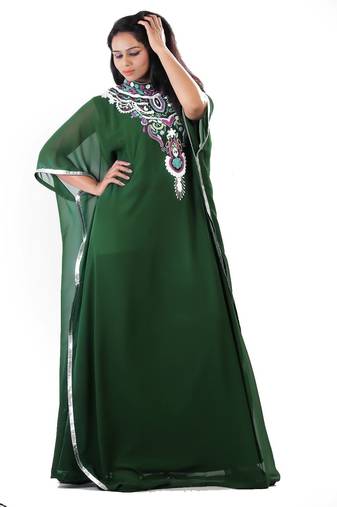Bottle green georgette embroidered islamic kaftans