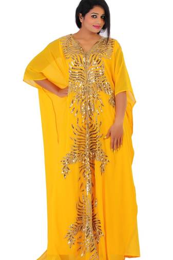 Yellow georgette embroidered islamic kaftans