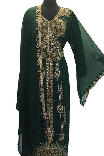 Bottle green georgette embroidered islamic kaftans