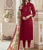 Maroon Cotton Embroidered Semi Stitched Salwar With Dupatta