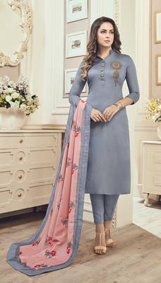 Grey Cotton Embroidered Semi Stitched Salwar With Dupatta 1