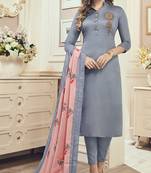 Grey Cotton Embroidered Semi Stitched Salwar With Dupatta