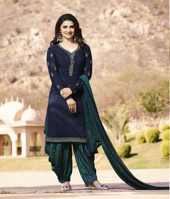 Blue crepe embroidered semi stitched salwar with dupatta 1