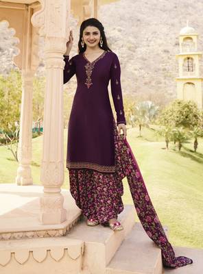 Purple crepe embroidered semi stitched salwar with dupatta 1