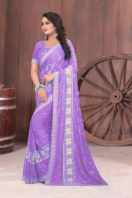 Purple embroidered chiffon saree with blouse 4